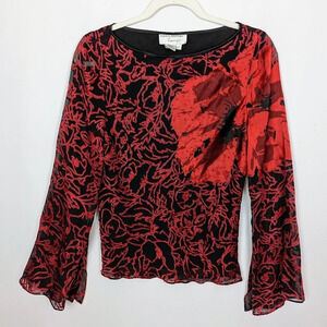 Y2K 90s Papell Boutique Evening S Beaded Floral Blouse Shirt Split Bell Sleeves